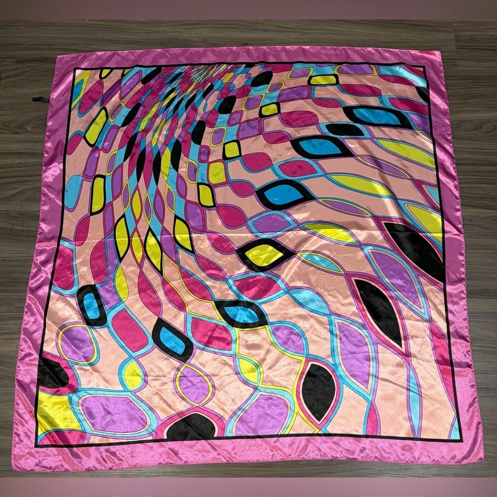 MOSI Large Pink Satin Polyester Scarf Psychedelic Diamond Pattern 35.5 x 35